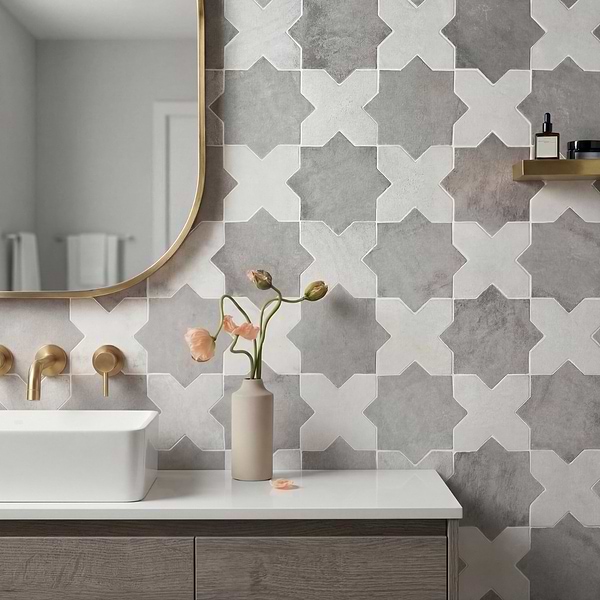 Parma Dove Gray Matte Star and White Matte Cross 6" Terracotta Look Porcelain Tile