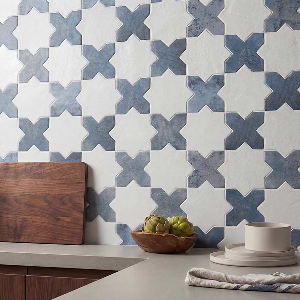 Parma White Matte Star and Denim Blue Matte Cross 6" Terracotta Look Porcelain Tile