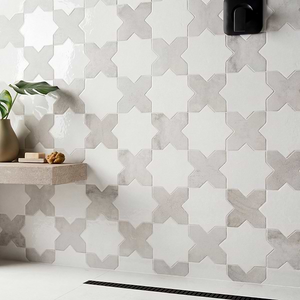Parma White Polished Star and White Matte Cross 6" Terracotta Look Porcelain Tile