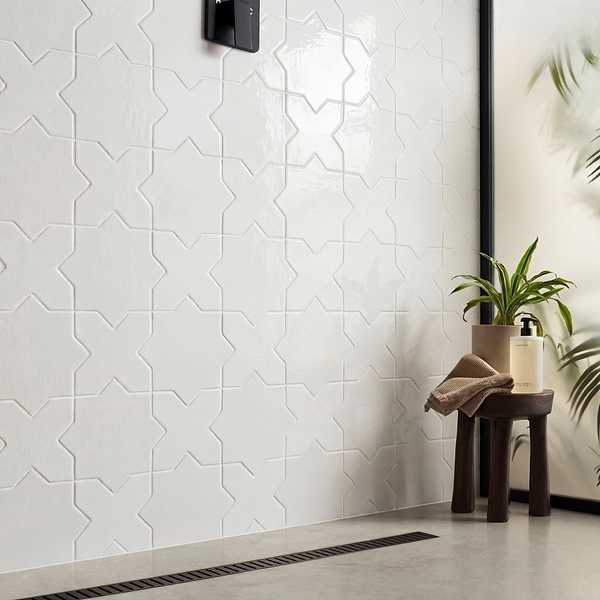 Parma White Polished Star and White Polished Cross 6" Terracotta Look Porcelain Tile