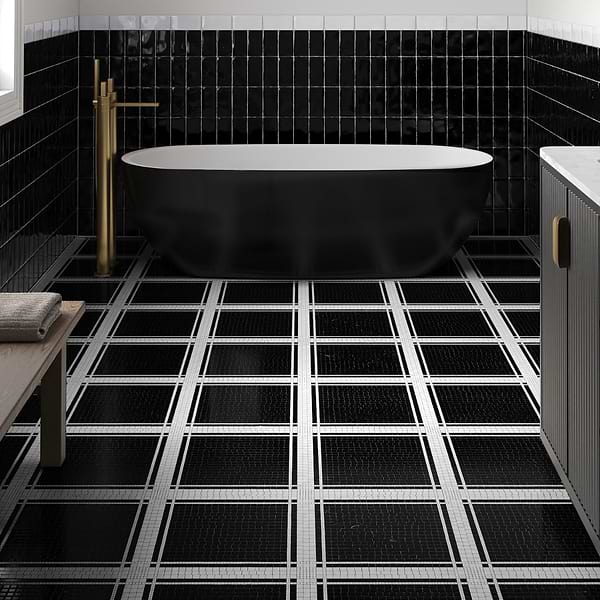 Lattica Nero Marquina Polished Marble Micro Mosaic Tile in Black, White, View 3, open zoomed image
