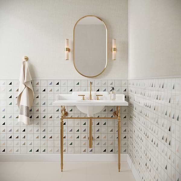 Adaya  Multicolor 4x4 Polished Marble, Pearl and Brass Mosaic Tile in White with gray and gold veining, View 3, open zoomed image