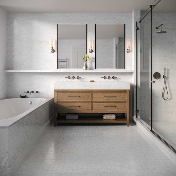 Bianco Carrara 4x12 Polished Marble Tile in White, View 3, open zoomed image