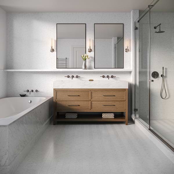 Bianco Carrara 1x1 Polished Marble Mosaic Tile in White, View 3, open zoomed image