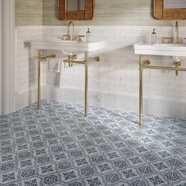 Elowynn Flora Cove White 8x8 Matte Porcelain Tile by Kravet in Blue, White, View 3, open zoomed image