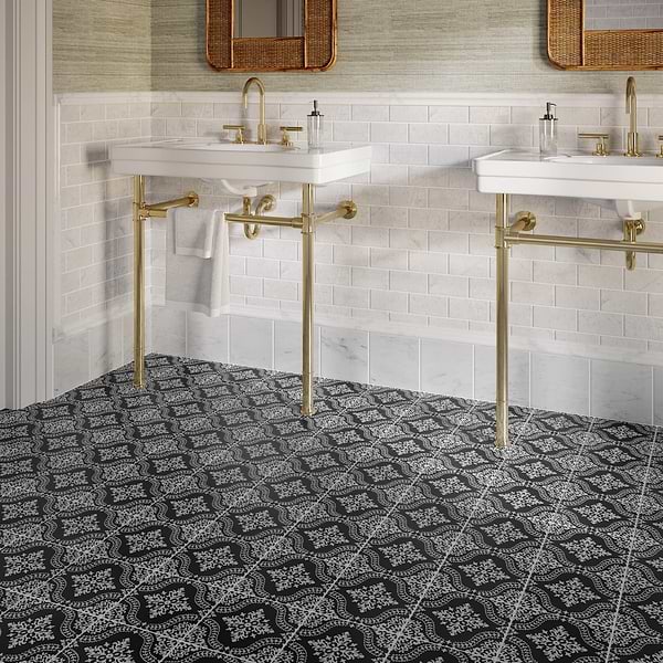 Elowynn Flora Midnight Black 8x8 Matte Porcelain Tile by Kravet in Black, White, View 3, open zoomed image