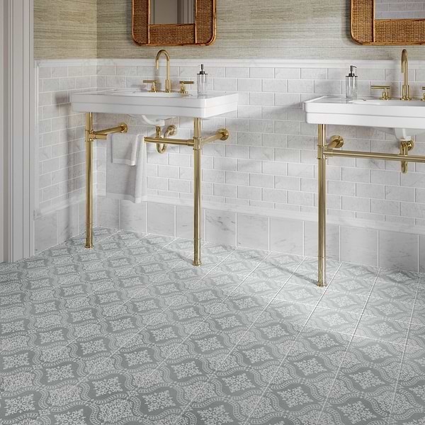 Elowynn Flora Seafoam Green 8x8 Matte Porcelain Tile by Kravet in Green, White, View 3, open zoomed image