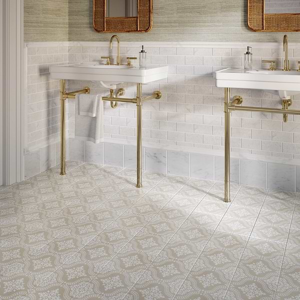 Elowynn Flora Sand Beige 8x8 Matte Porcelain Tile by Kravet in Beige & Cream, View 3, open zoomed image