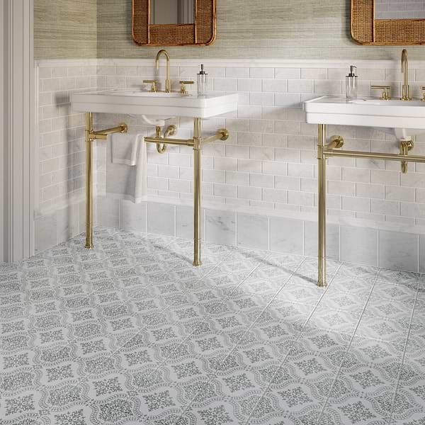 Elowynn Flora Salt White 8x8 Matte Porcelain Tile by Kravet in Green, White, View 3, open zoomed image