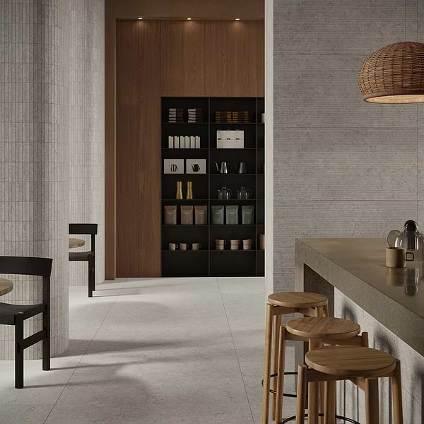 Corretta Deco Warm Gray 1x6 Stacked Semi-Polished Mosaic Tile in Gray, View 3, open zoomed image
