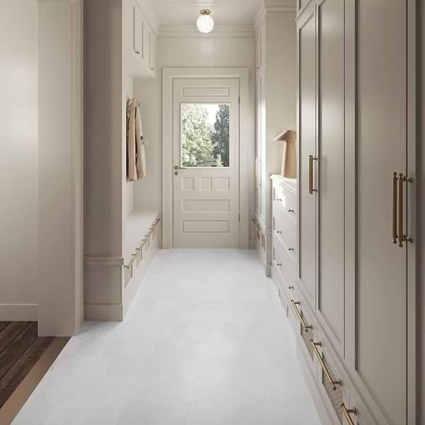 Bianco Carrara 10" Hexagon Honed Marble Tile in White, View 3, open zoomed image