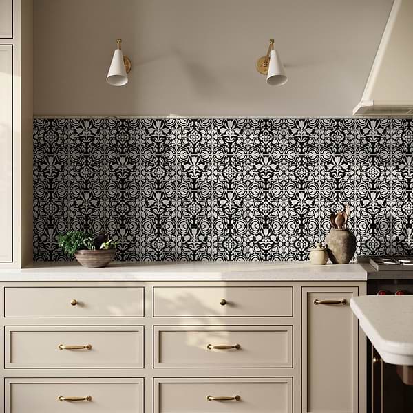 Elowynn Haven & Belle Midnight Black 8x8 Matte Porcelain Tile by Kravet in Green, White, View 3, open zoomed image