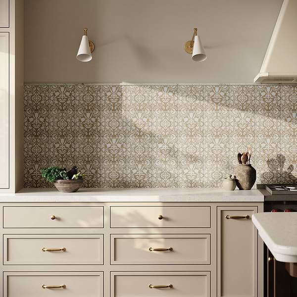 Elowynn Haven & Belle Sand Beige 8x8 Matte Porcelain Tile by Kravet in Blue, White, View 3, open zoomed image