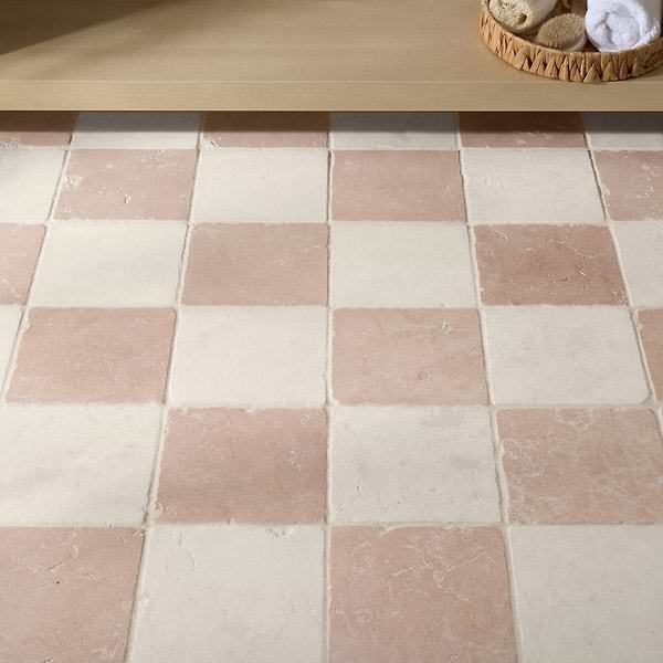 Bianco and Rosa Perlino 8x8 Tumbled Marble Checkerboard Tile