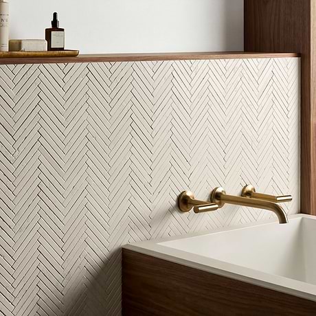 Bianco Perlino 1.5x4 Herringbone Brushed Marble Mosaic Tile
