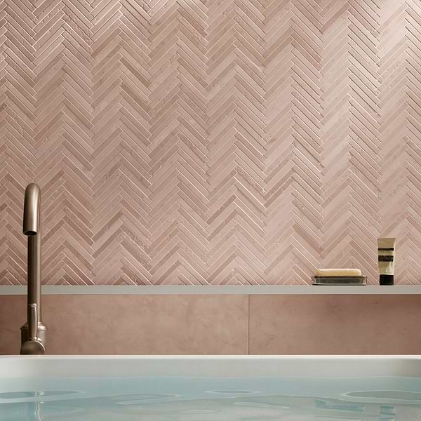 Rosa Perlino 1.5x4 Herringbone Brushed Marble Mosaic Tile
