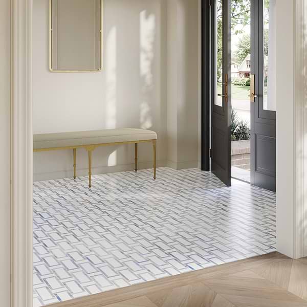 Esplanade Thassos and Blue Macauba Polished Marble Mosaic Tile; in White, Blue Thassos, Blue Macauba Bathrooom image; for Backsplash, Bathroom Floor, Bathroom Wall, Commercial Floor, Floor Tile, Kitchen Floor, Kitchen Wall, Outdoor Floor, Outdoor Wall, Shower Floor, Shower Wall, Wall Tile; in Style Ideas Classic, Cottage, Farmhouse, Transitional