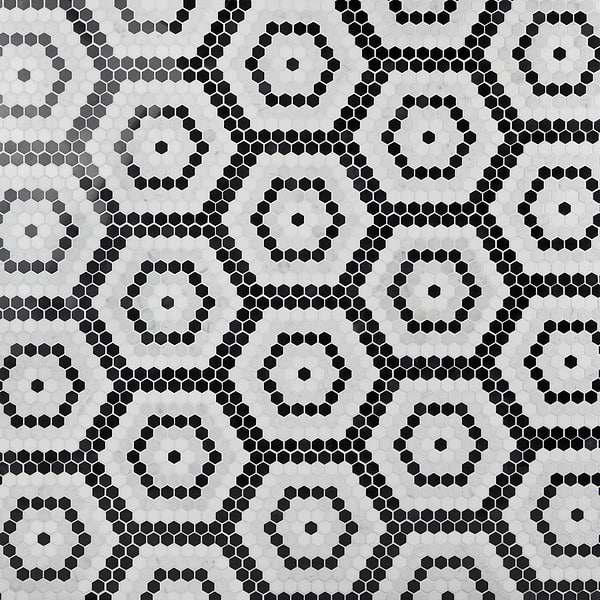 Juno Honeycomb Black and White 1" Hexagon Polished Marble Mosaic Tile