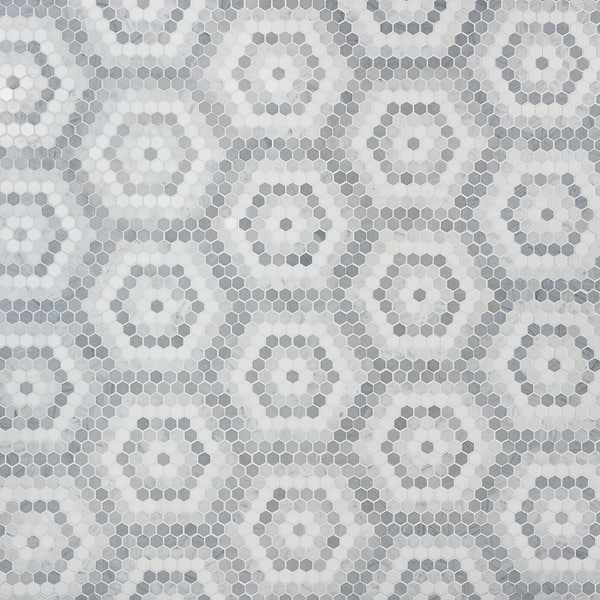 Juno Honeycomb Gray and White 1" Hexagon Polished Marble Mosaic Tile