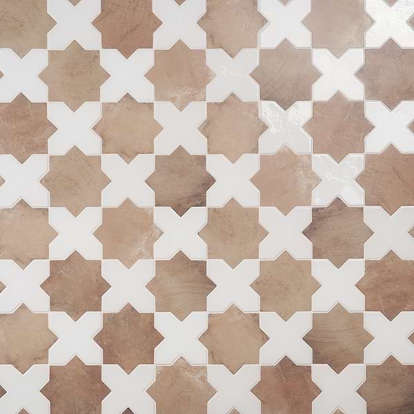 Parma Cotto Brown Matte Star and White Polished Cross 6" Terracotta Look Porcelain Tile