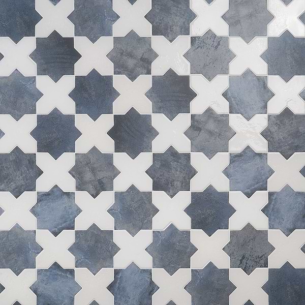 Parma Denim Blue Matte Star and White Polished Cross 6" Terracotta Look Porcelain Tile