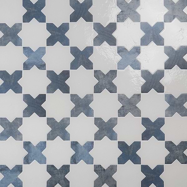 Parma White Polished Star and Denim Blue Matte Cross 6" Terracotta Look Porcelain Tile