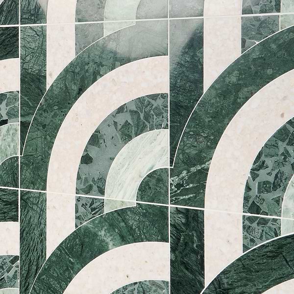 Elizabeth Sutton Arc Vertical Forest Green 12x12 Honed Marble and Terrazzo Mosaic Tile