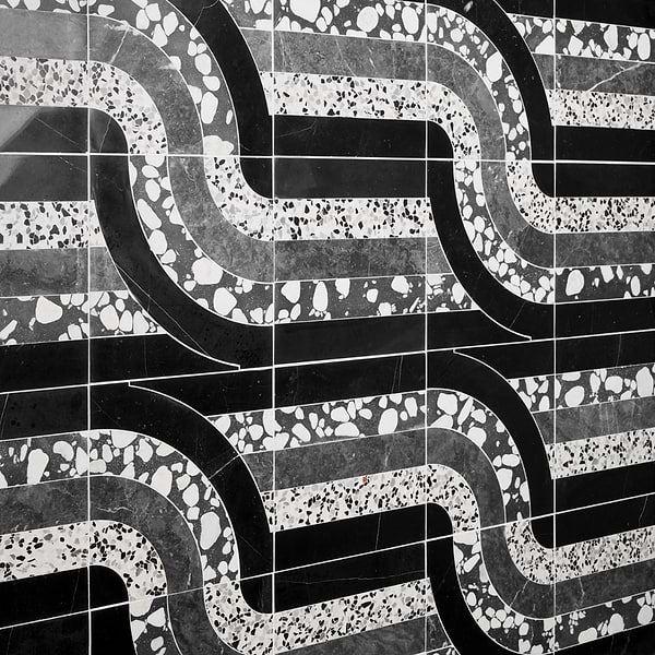 Elizabeth Sutton Arc Interlock Noir Black & White 12x12 Honed Marble and Terrazzo Mosaic Tile