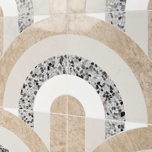 Elizabeth Sutton Arc Offset Semi-Circle Desert Beige 12x12 Honed Marble and Terrazzo Mosaic Tile