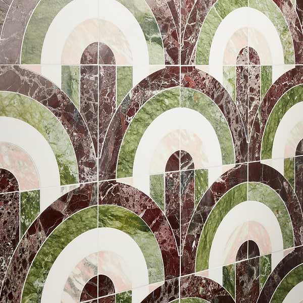 Elizabeth Sutton Arc Offset Semi-Circle Rainbow Multicolor 12x12 Polished Marble Mosaic Tile