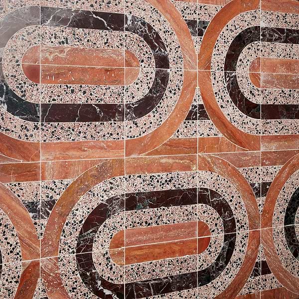 Elizabeth Sutton Arc Oval Canyon Terracotta 12x12 Honed Marble and Terrazzo Mosaic Tile