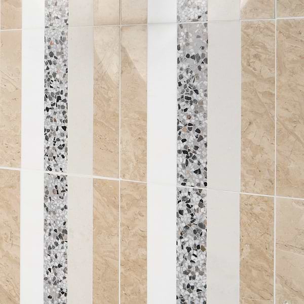 Elizabeth Sutton Arc Linear Desert Beige 12x12 Honed Marble and Terrazzo Mosaic Tile