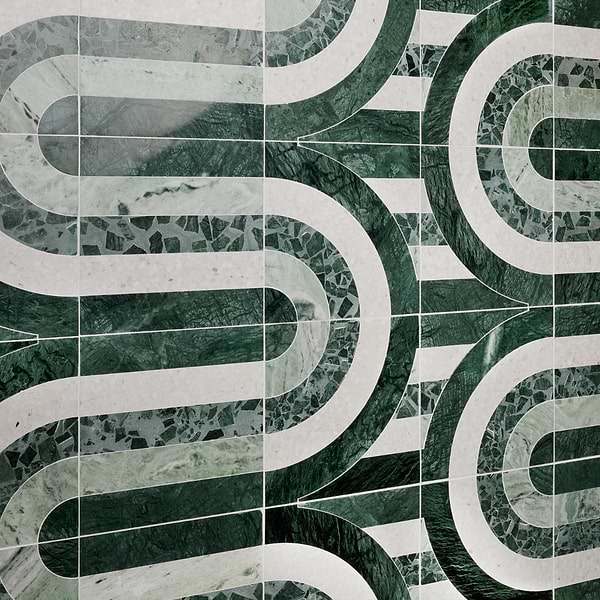 Elizabeth Sutton Arc Wave Forest Green 12x12 Honed Marble and Terrazzo Mosaic Tile