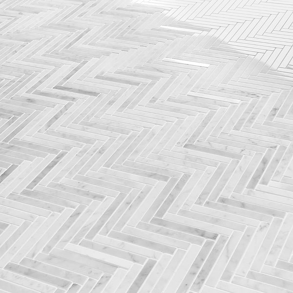Bianco Carrara 1/2x4 Herringbone Polished Marble Mosaic Tile in White, View 5, open zoomed image