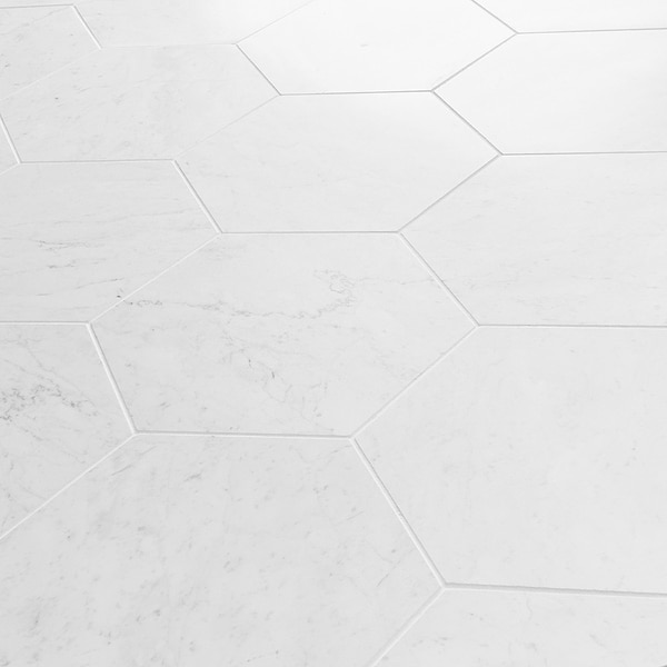 Bianco Carrara 10" Hexagon Honed Marble Tile in White, View 4, open zoomed image