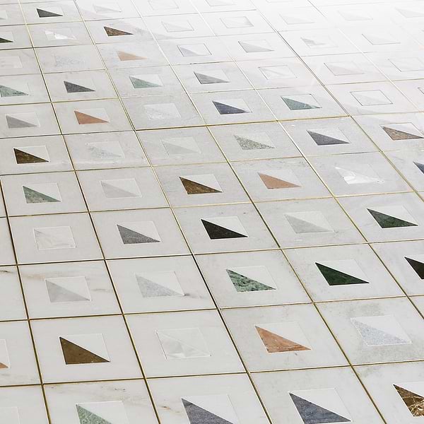 Adaya  Multicolor 4x4 Polished Marble, Pearl and Brass Mosaic Tile in White with gray and gold veining, View 4, open zoomed image