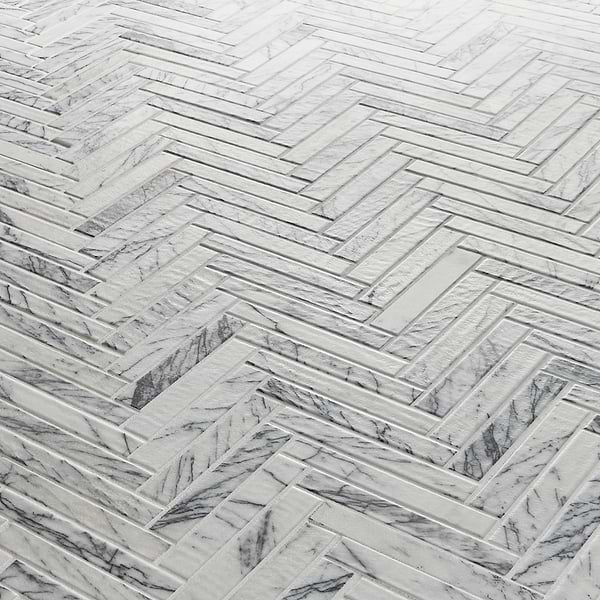 Velour Lilac 1x6 Herringbone Leather Marble Mosaic Tile in White, Purple, View 4, open zoomed image