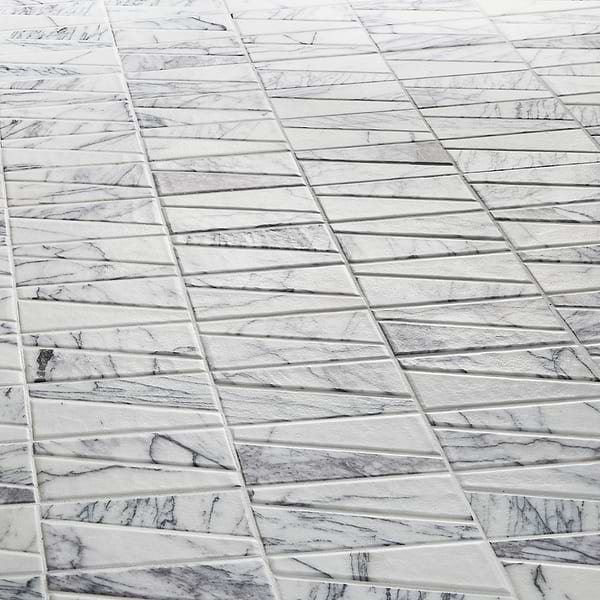 Velour Lilac 2x6 Trapezoid Leather Marble Mosaic Tile in White, Purple, View 4, open zoomed image