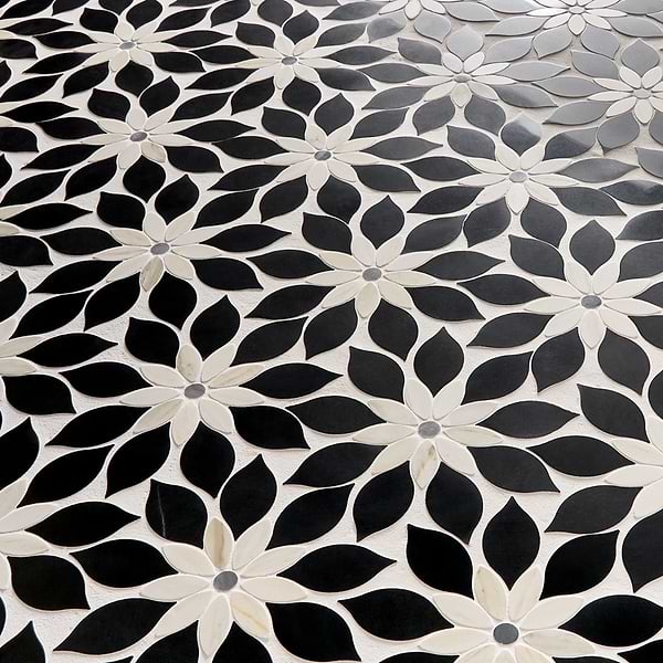 Wildflower Black Jade and Calacatta Marble Polished Mosaic Tile