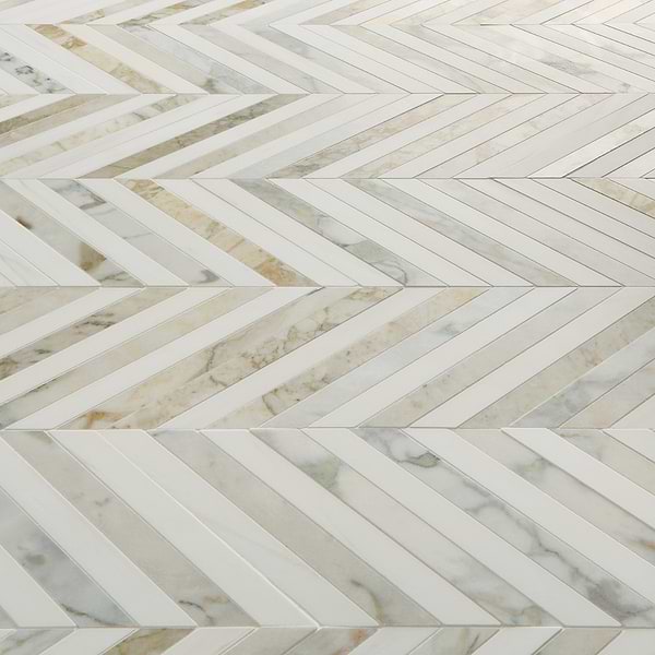 Calacatta Verde Premium and Bianco Dolomite 3x9 Chevron Honed Marble Mosaic Tile