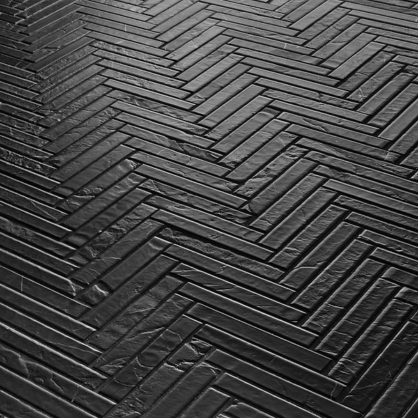 Velour Nero Marquina 1x6 Herringbone Leather Marble Mosaic Tile in Black, White, View 4, open zoomed image