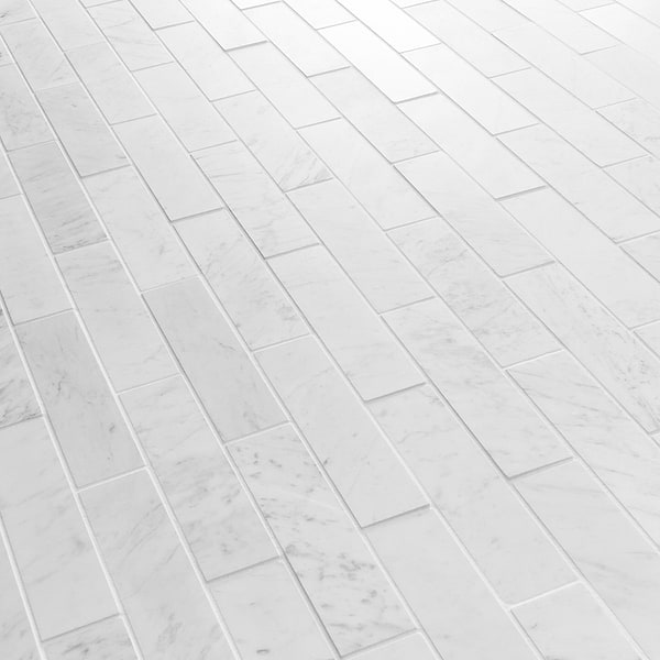 Bianco Carrara 2x8 Brushed Marble Tile in White, View 4, open zoomed image