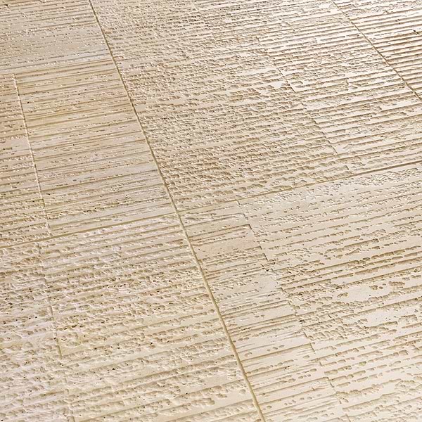 Stretto Carved Cream Travertine 16x16 Vein Cut Unfilled Honed Tile in Cream, View 4, open zoomed image