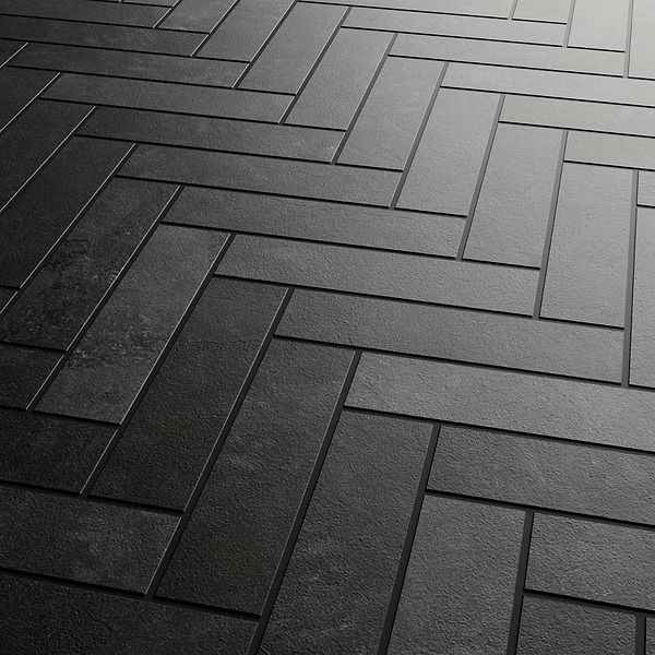 Portrait Black 1x4 Herringbone Matte Mosaic Tile in Black, View 4, open zoomed image
