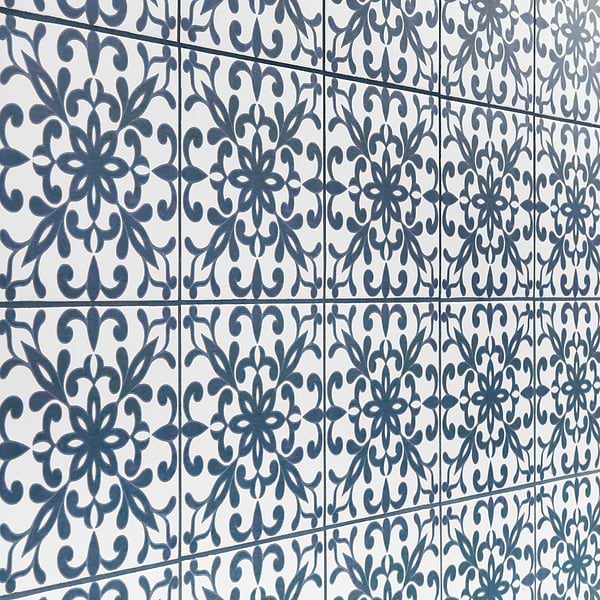 Elowynn Medallion Cove White 8x8 Matte Porcelain Tile by Kravet in Blue, White, View 4, open zoomed image