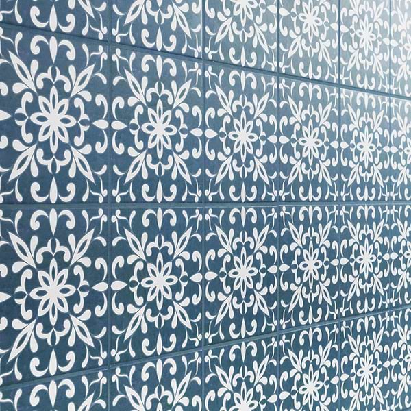 Elowynn Medallion Marina Blue 8x8 Matte Porcelain Tile by Kravet in Blue, White, View 4, open zoomed image