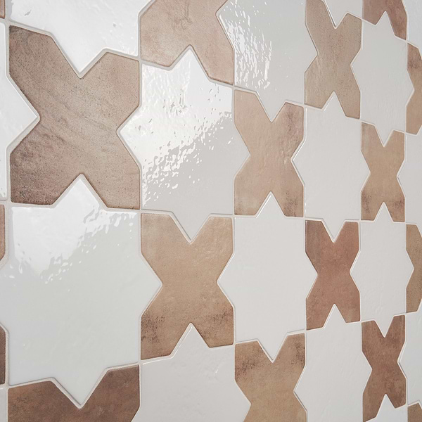 Parma White Polished Star and Cotto Brown Matte Cross 6" Terracotta Porcelain Tile