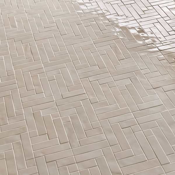 Zelora Linen Beige Herringbone Glossy Ceramic Mosaic Tile