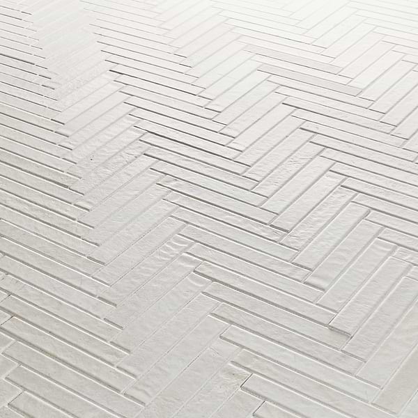 Velour Vanilla 1x6 Herringbone Leather Marble Mosaic Tile in Warm White, View 4, open zoomed image