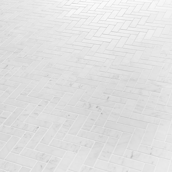 Bianco Carrara 1x3 Herringbone Honed Marble Mosaic Tile in White, View 4, open zoomed image